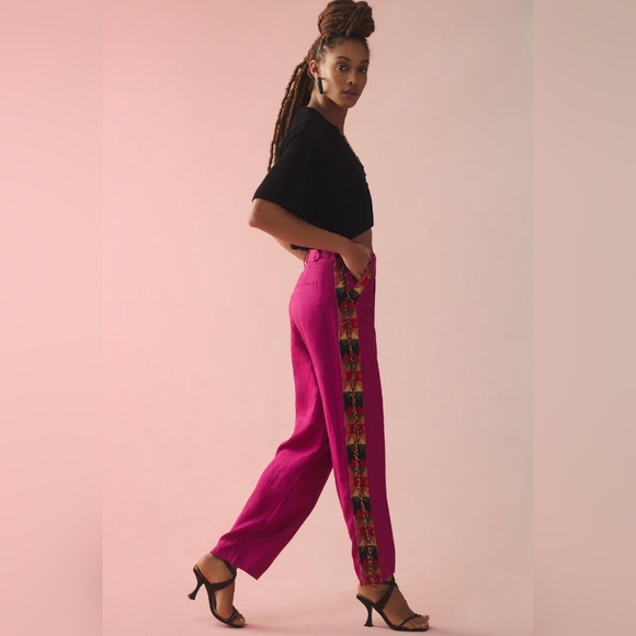 FARM Rio Pants - Farm Rio Pink Parrot Beaded Fringe Pants Size L NWOT *